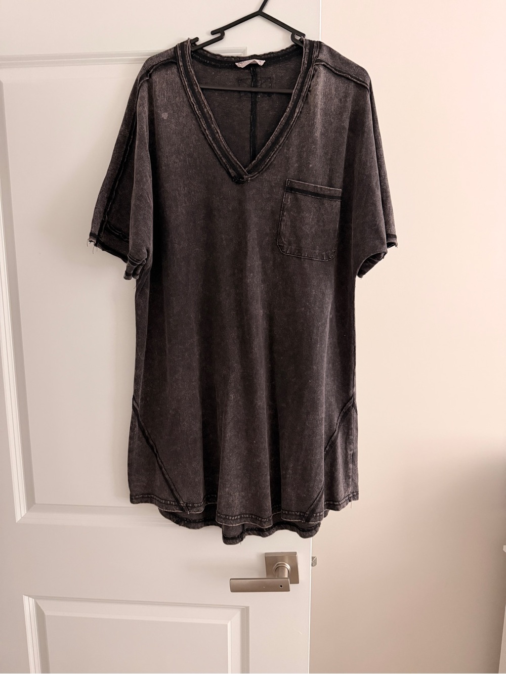 Vintage Wash Mini Dress with V-Neck in Washed Black